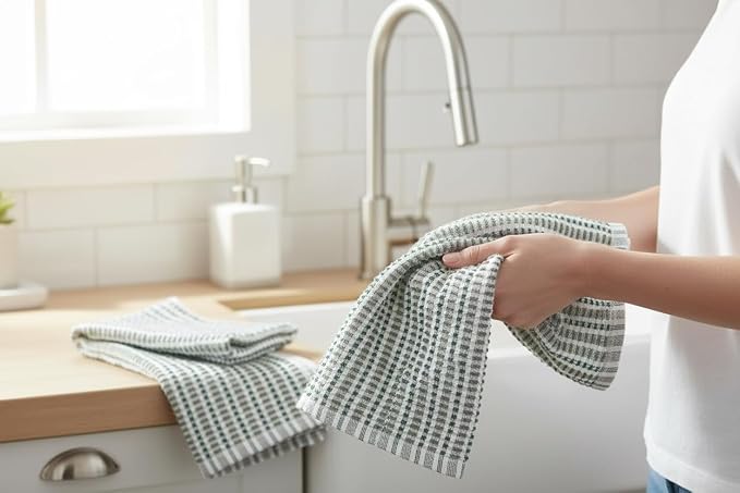 Sage Green Kitchen Dish Towels- Set of 3 100% Cotton Soft Cleaning Drying Absorbent Textured Terry Loop- Oversized 28" x 18" Multipurpose Towels for Everyday Use