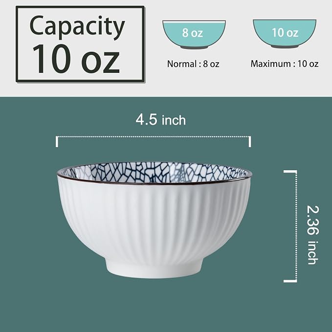 10 oz Small Ceramic Bowls Set of 6, 4.5 Inch Japanese Blue and White Bowls for Ice Cream, Rice, Dessert, Snack, Dipping, Microwave and Dishwasher Safe - Leaf Pattern