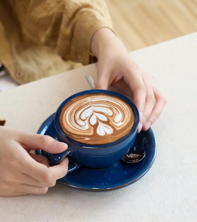 LE TAUCI 8 oz Cappuccino Cups with Saucers, Set of 4, Large Ceramic Coffee Cup Set for Au Lait, Flat White, Latte, Cafe Mocha, Tea, Embossed - Ceylon Blue