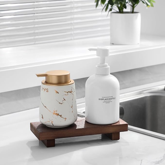 Wood Bathroom Tray Farmhouse Decor Kitchen Soap Holder, 8.7" x 3.6" Walnut | Waterproof, Lightweight, Easy Clean, Small Wooden Riser Pedestal Stand Accessories for Office Desk, Vanity, Counter, Sink