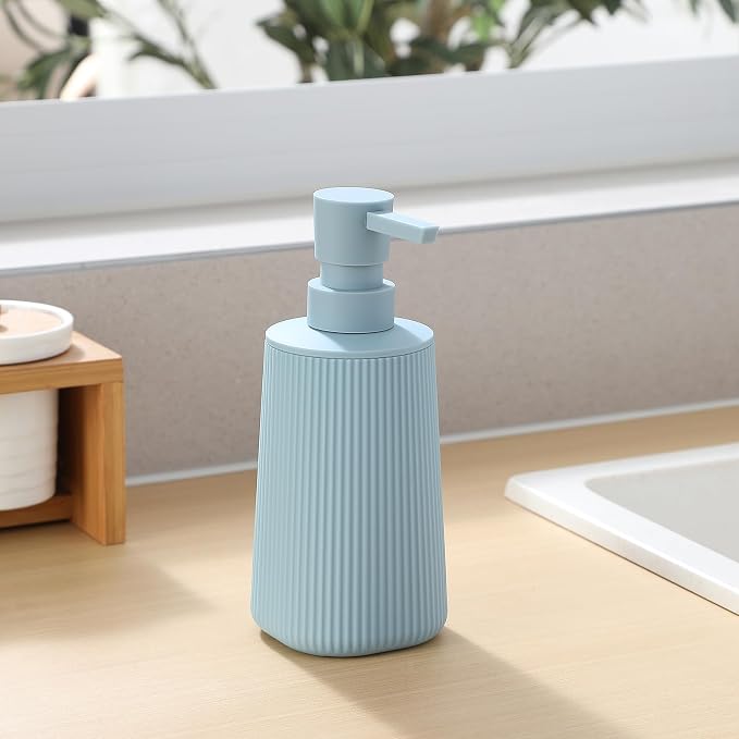 YAUKPH Small Soap Dispenser for Bathroom and Kitchen Light Blue | Modern Farmhouse Striped Style Plastic Hand Soap Dish Soap Dispenser with Pump