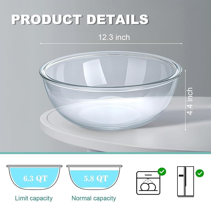6.3 Qt Large Glass Mixing Bowl,12.3" Clear Glass Salad Cooking Bowls For making sourdough Prepping, Mixing, Marinating & Brining Kimchi