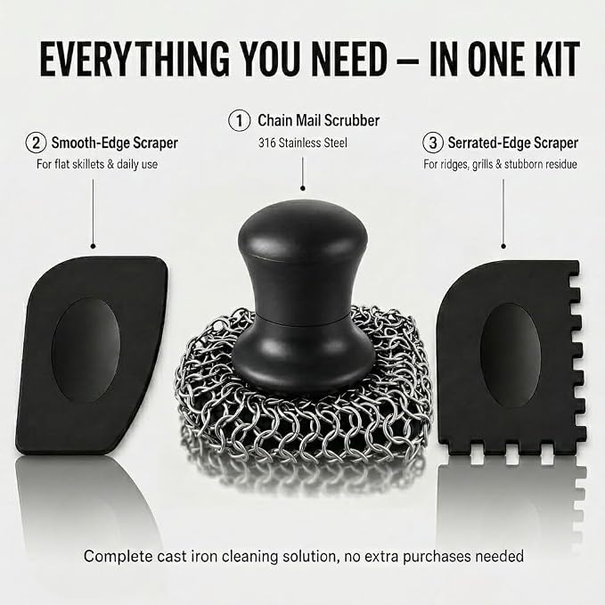 Cast Iron Scrubber and Scraper | 316 Chainmail Scrubber for Cast Iron Pan | Chain Mail Scrubber for Cast Iron Skillet Cleaner | Dishes Pots Wok Griddle Grill | Black + Red 1