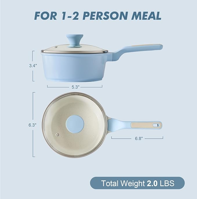 SENSARTE Ceramic Nonstick Saucepan with Lid 1.5 QT, PTFE/PFAS Free, Blue | Small Kitchen Cooking Pot with Stay Cool Handle, Induction Compatible, Ceramic Coating