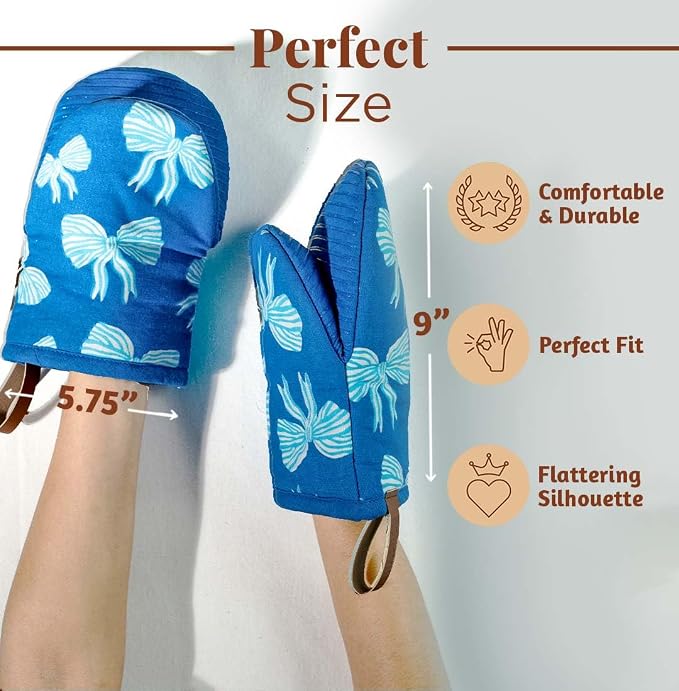 Folkulture Oven Mitts, Blue, Set of 2, Heat Resistant - (5.75"x9") | 100% Cotton, Non Slip, Heat Resistant, Silicone, Cute Mini Mits with Hanging Loop, Kitchen Décor, Cooking Gifts, Baking