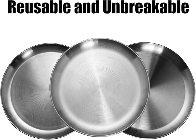 CAMBUY Stainless Steel Plates 9 inch 10 Pcs Metal Dinner Dishes Plate Set | Reusable Unbreakable Lightweight Non-Toxin Dishwasher Safe BPA Free Dish Set for Home Kitchen BBQ Restaurant Outdoor Camping
