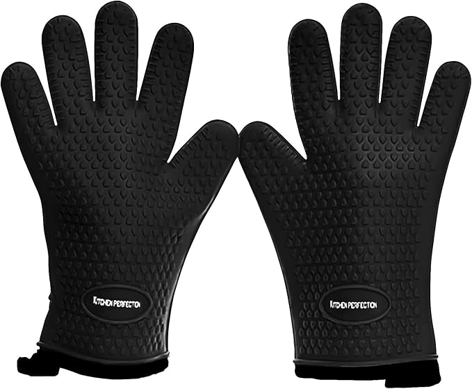 KITCHEN PERFECTION XL Silicone Smoker BBQ Gloves -Heat Resistant Oven Mitts | Waterproof, 5-Finger Design For A Better Grip, for Pitmasters, Meat Smoking, Grilling, Cooking, Frying Turkey | Grill Gift
