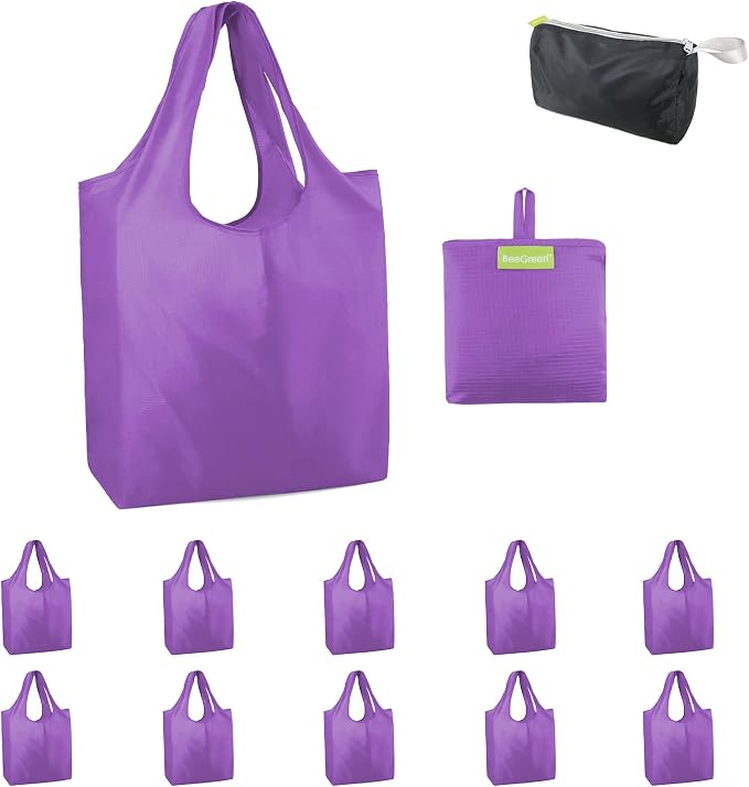 BeeGreen Purple Reusable Grocery Bags Wholesale Purple Reusable Kitchen Bags Bulk Foldable-Machine Washable with Zipper Storage Pouch 10 Packs