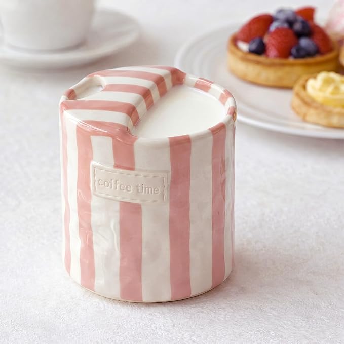 1 Pack Ceramic Mug with Sip Hole, Simple, Pink | 10oz Ceramic Coffee Cup with Straws, Retro Hand Painted Striped, for Iced Coffee Tea Latte Espresso, Kitchen Dining Travel