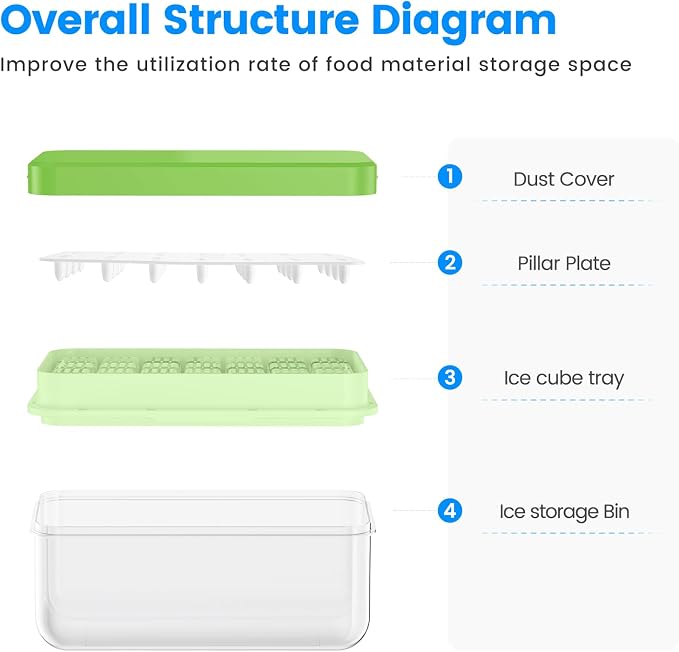 Ice Cube Tray with Lid and Bin, Easy Release 28 Cubes for Freezer | Food-grade BPA-free PP and ABS. Ice cubes for fruit, cocktails, iced coffee. Space-saving stackable with scoop