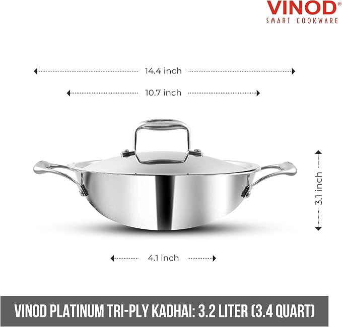 Vinod Platinum Triply Kadai with Lid, Extra Deep, 26cm, for Home Kitchen | Induction And Electric Friendly Stainless Steel Wok; Ideal For Indian Sauces, Stews And Soups