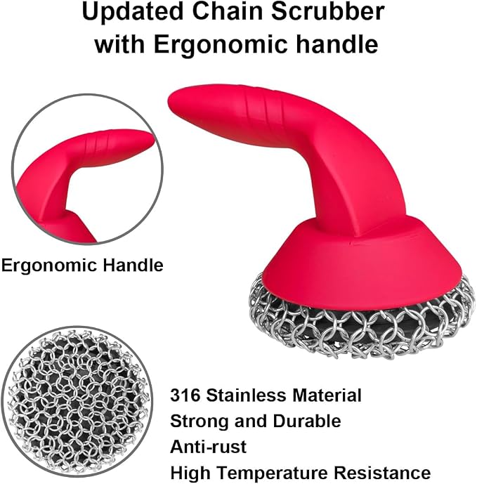 Cast Iron Scrubber with Pan Scraper & Towl, 316 Chainmail Scrubber with Long Handle, Upgraded Chain Mail Scrubber Cleaner for Grill Pan Skillet Wok Carbon Steel Dutch Oven Metal Brush (Red)