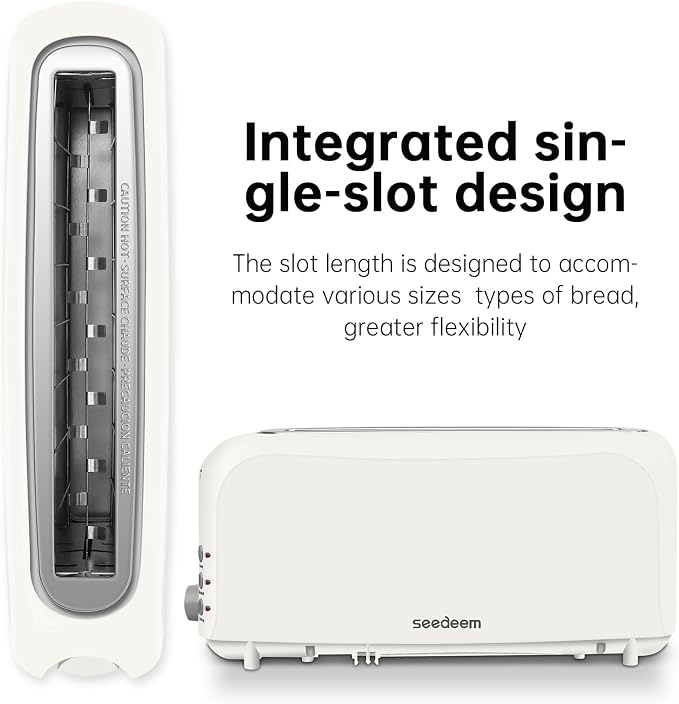 SEEDEEM 2 Slice Slim Toaster, 10" Long Slot, 6 Shade Settings, White | Long Slot, 6 Shade Settings, Cancel/Reheat/Defrost, Removable Crumb Tray