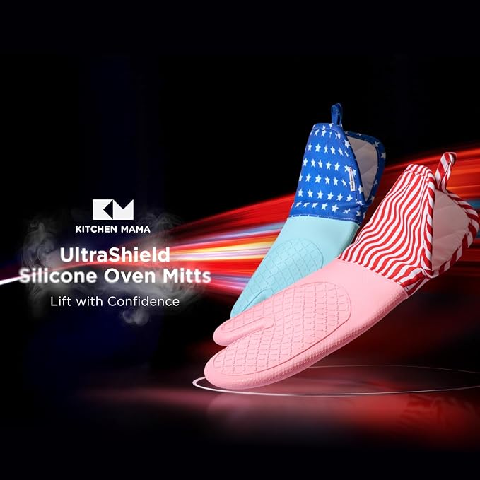 Kitchen Mama UltraShield Silicone Oven Mitts, USA Flag | Heat Resistant, Non-Slip Surface, Waterproof, Flexible, Durable