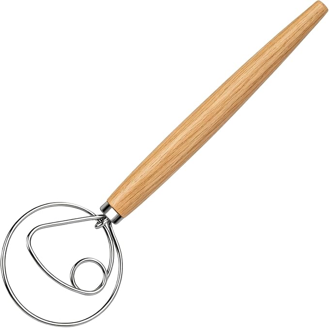 Maxjoy Danish Dough Whisk, Stainless Steel Wooden Bread Tool for Sourdough | Wooden Handle Dutch Dough Hook, Replaces Mixer and Spoon for Sourdough Pastry Pizza, Food Safe, Rust Resistant, Easy Clean
