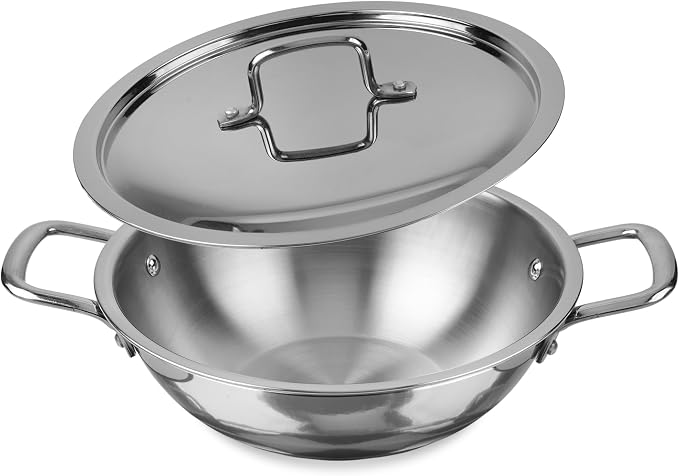 KSJONE 1-Quart Tri-Ply Stainless Steel Kadai with Lid, Less Oil Use, Healthy Cooking, Food Safe, Stay Cool Handles, Compatible with All Modern Cooktops, Oven-Safe, Dishwasher-Friendly