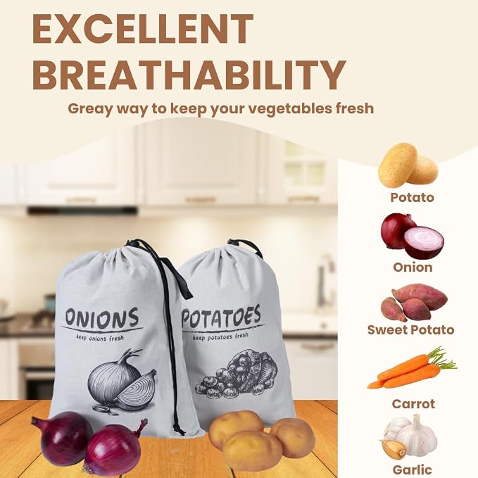 Potato Onion Storage Bag, Reusable Potato and Onion Storage Bag for Pantry, Vegetable Storage Bags with Drawstring Closure, Blackout Liner for Shopping Storage, 2 Packs (Potato Onion Bag)