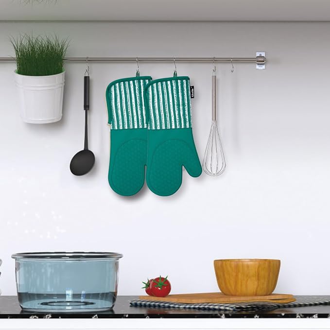 Alselo Silicone Oven Mitts Heat Resistant 932℉ with Waterproof & Non-Slip | Kitchen Mittens Set of 2,Extra Long 7.5"x15" Gloves with Soft Cotton Terry Lining for Baking Cooking BBQ (Emerald Green,2)
