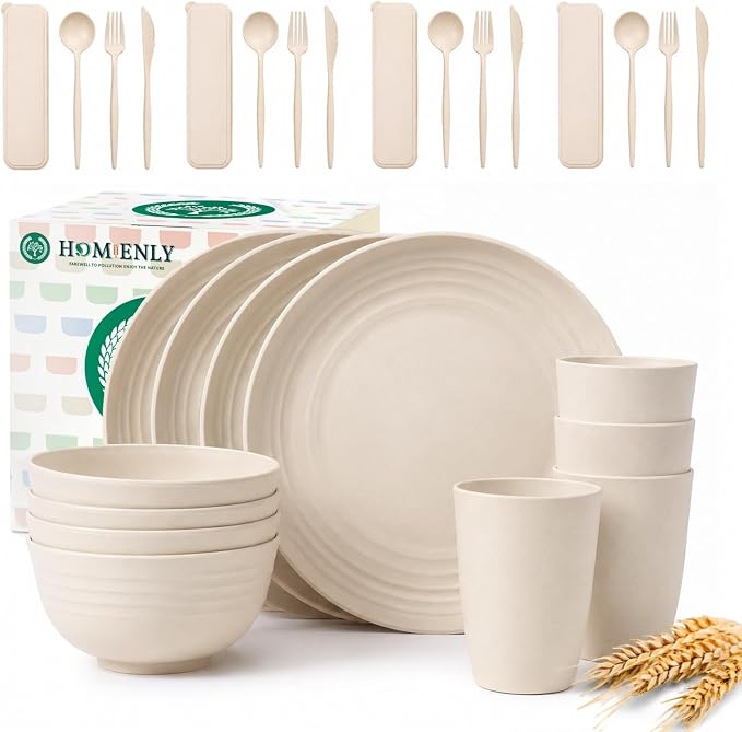 28 PCS Plastic Plates and Bowls Sets for 4 Unbreakable Wheat Straw Dinnerware Sets for Dorm, Camping, RV, Party, Travel Lightweight Utensils Kitchen Microwave & Dishwasher Safe(Beige)