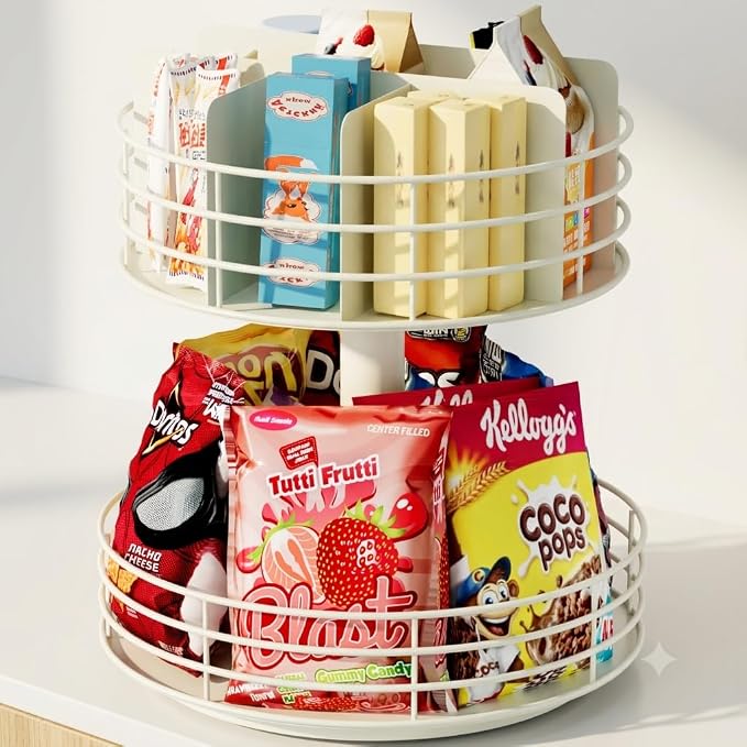 Snack Organizer - Versatile Snack Storage 2 Tier Lazy Susan with Convenient Grab-and-Go Design, Metal Snack Holder for Home, Office, Breakroom, 12.13" L x 12.13" W x 12.56" H (Matte White)