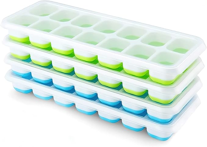Ice Cube Trays 4 Pack, Airabc Silicone with Removable Lid, Easy-Release Flexible 14-cube Trays, LFGB Certified and BPA Free, Stackable Covers for Cocktail, Freezer | Space-saving and stackable, LFGB certified and BPA free, easy to remove