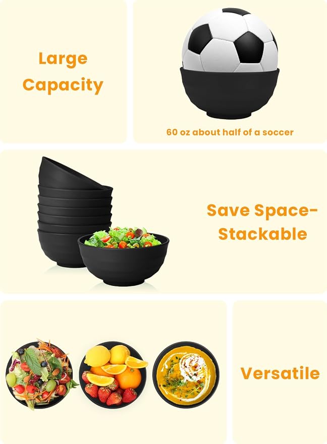 Unbreakable Big Bowl Set of 8: Alternative to Large Plastic Bowls - 60oz Wheat Straw Bowls for Salad, Soup & Cereal, Microwave & Dishwasher Safe for Everyday Use & Picnics - Black