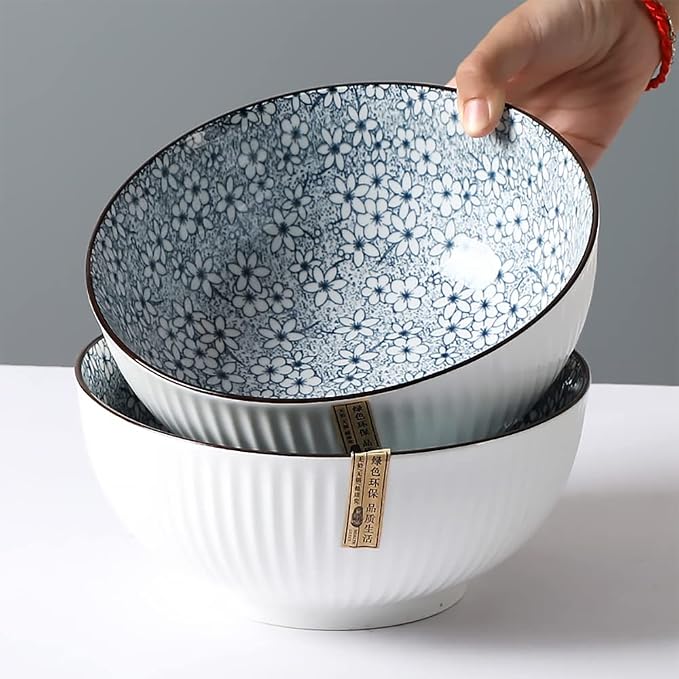Houlu 60 oz Pho Bowls, Large Soup Bowl, Japanese Ramen Bowl Set, 8 inches Big Porcelain Bowls Set of 3, Wave Pattern