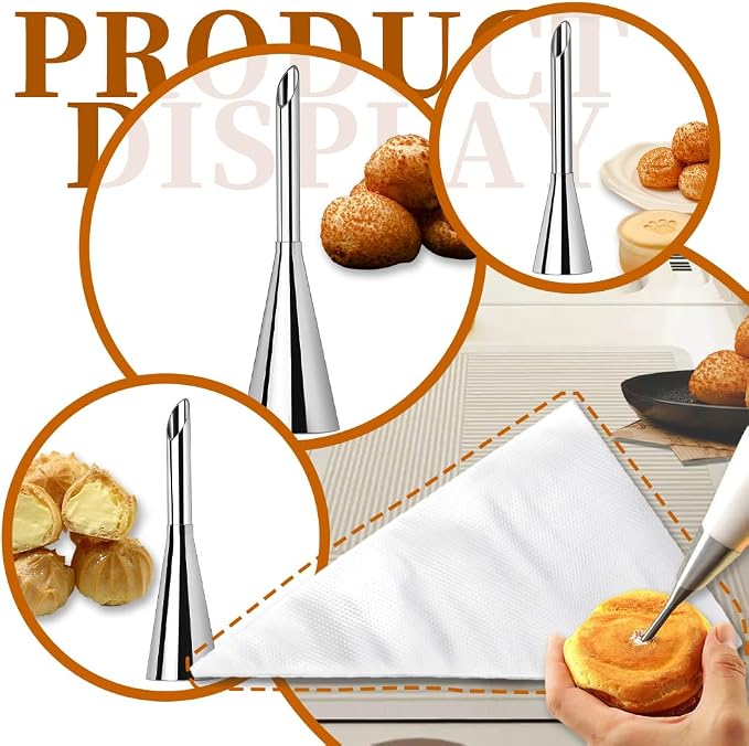 3PCS Puff Cream Filling Piping Tips with 50Piping Bags for Donuts,Eclairs | Long Piping Nozzle Tips,Puff,Eclairs,Cream Filling Nozzles,Cream Injector Tips,donut filler injector,with Tip Cleaning Brush