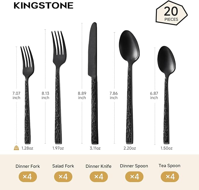 20 Pcs Black Hammered Silverware Set for 4, 18/10 Stainless Steel Heavy Duty Flatware Set, Tableware Cutlery Utensil Sets for Home Restaurant Dishwasher Safe