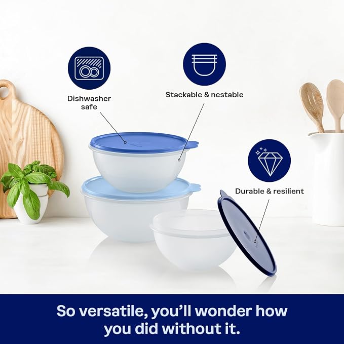 Tupperware Heritage Wonderlier 12 Piece Food Storage Bowl Set in Clear/Blue, Dishwasher Safe and BPA Free (6 Bowls, 6 Lids)