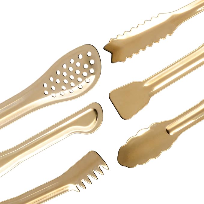 HINMAY Gold Plated Mini Serving Tongs Set 6-Inch Appetizers Tongs, Set of 6 | Stainless Steel Small Sugar Cube Tongs Ice Tongs