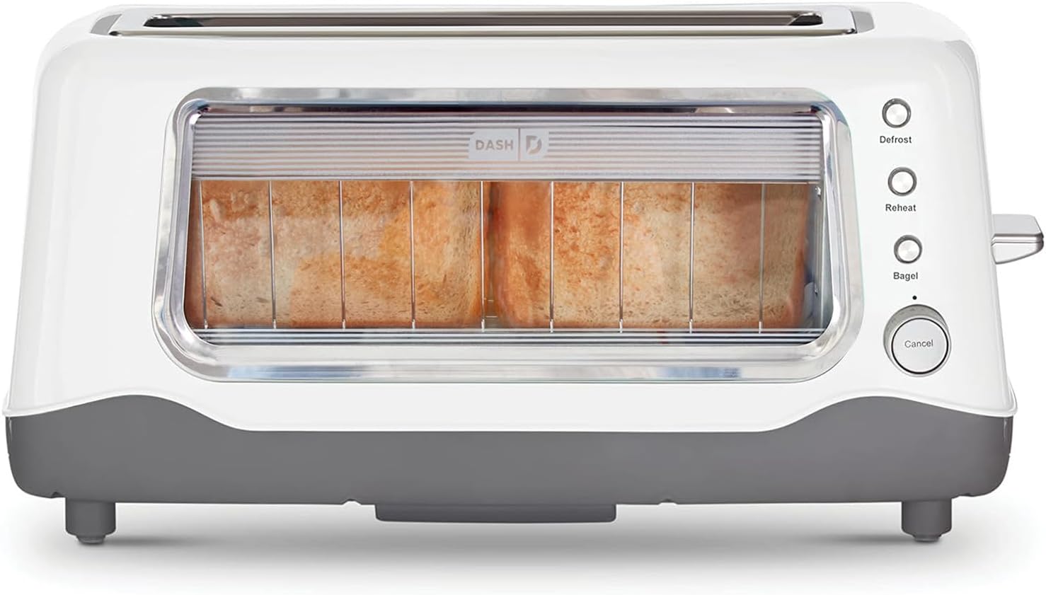Dash Clear View Toaster | 10" Long Slot 2 Slice Toaster with See-Through Glass Window, 7 Browning Levels, Bagel, Defrost & Reheat Functions, Removable Glass Panel, Crumb Tray, White