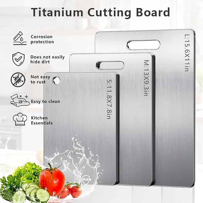 Titanium Cutting Board Set of 3, Titanium Cutting Boards for Kitchen, Non Toxic, Double-Sided Food Grade Chopping Board for Cutting Meat Vegetable Fruit, Outdoor Camping