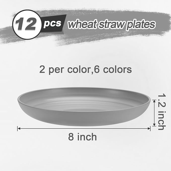 HEYCOME 12 Pcs Unbreakable Deep Dessert Plates Set, 8 inch Reusable Plastic Wheat Straw Plates, Microwave and Dishwasher Safe Plate for Kitchen, Lightweight Plate for Dessert, BPA Free, 6 Colors
