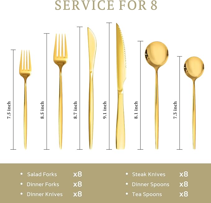 Astercook Silverware Set 48-Piece Gold Flatware Set with Steak Knives Food-Grade Stainless Steel Cutlery Set for 8 Mirror Polished Utensils Set for Home Kitchen Restaurant