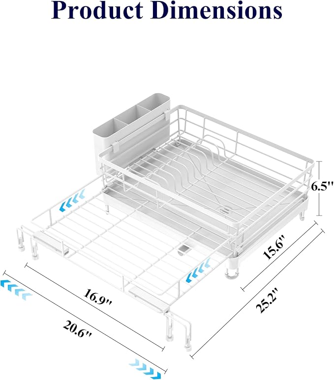 Kitsure Adjustable Dish Drying Rack, 15.6''-25.2''L × 16.9''W, White | Large Dish Drying Rack, Rust-Resistant Dish Racks for Kitchen Counter, With Adjustable Support Legs, Cutlery Holder
