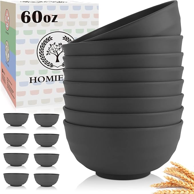 Wheat Straw Bowls Set of 8, 60oz Extra Large Unbreakable Bowls - Lightweight Alternative to Plastic Serving Bowls for Cereal, Ramen & Soup, Microwave Safe for Outdoor Activities (Grey)
