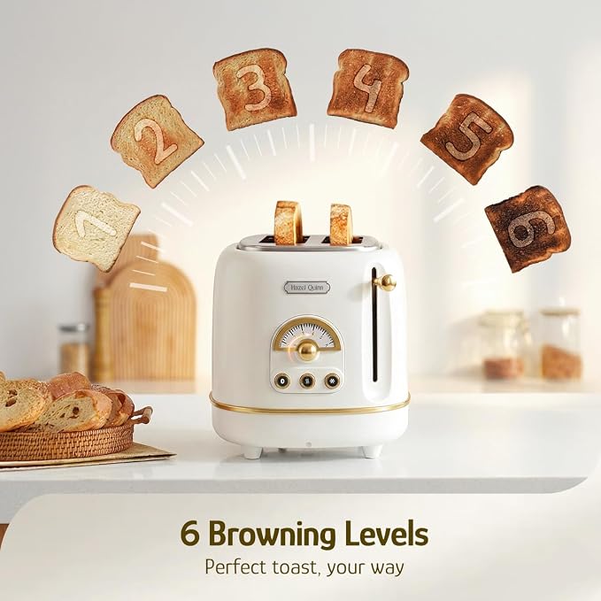 Hazel Quinn 2-Slice Retro Toaster 6 Browning Levels 3 Functions Pearl White | Defrost/Reheat/Cancel, Removable Crumb Tray for Easy to Clean, 1.5 Inches Extra Wide Slots, for Toast, Bagels Daily Breakfast