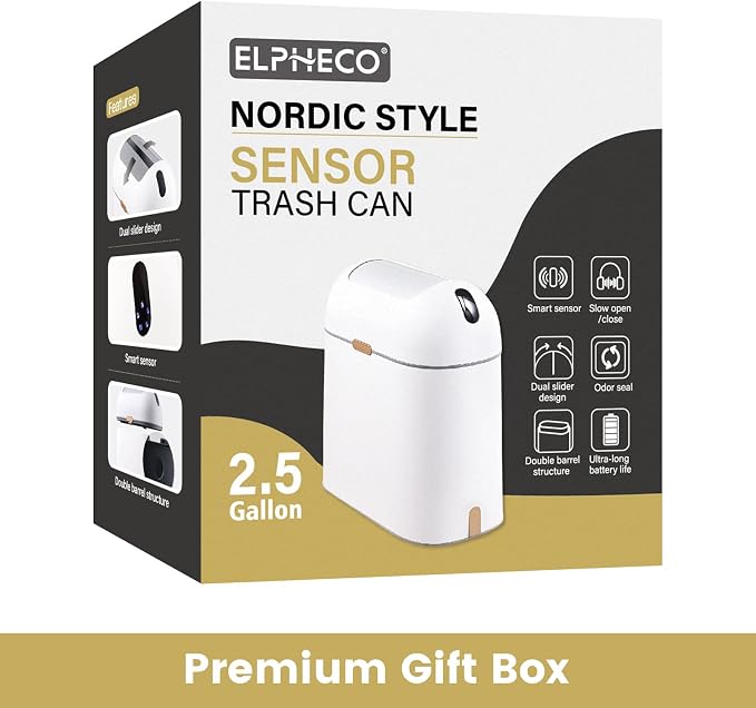 ELPHECO Bathroom Trash Can with lid 2.5 Gallon, Motion Sensor, White Golden | Waterproof Garbage Can, Automatic Waste Basket, Butterfly Lid, Plastic Garbage Bin for Bedroom and Office