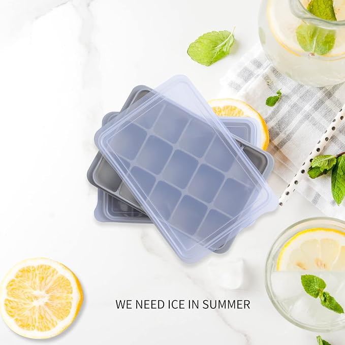 Tvmania Ice Cube Trays Set of 2, 15-Cube Silicone Molds with Removable Lids | Stackable, easy release, BPA-free, reusable, for freezer and whiskey