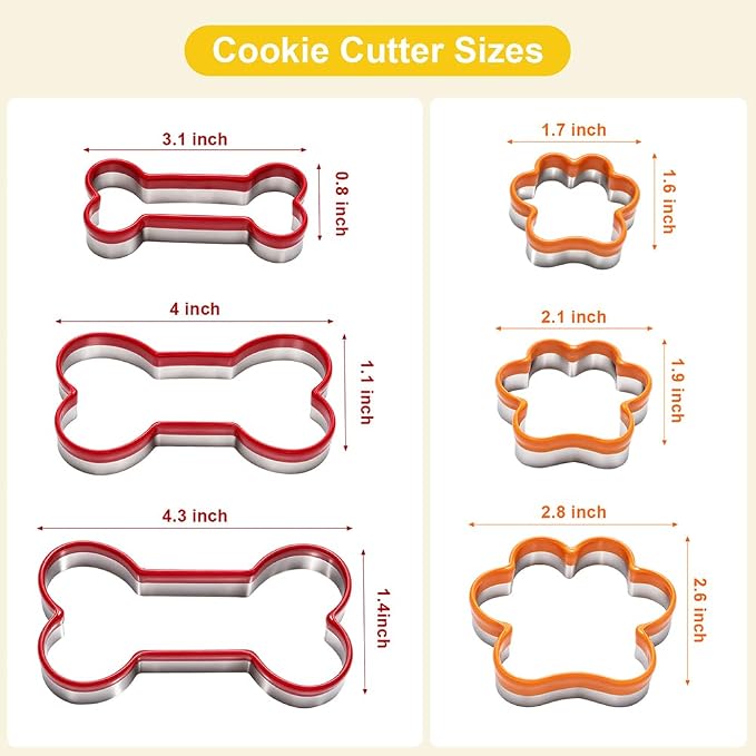 6 pcs Dog Bone Cookie Cutters Set - Treats Molds, Paw Print Shapes | Stainless Steel+PVC