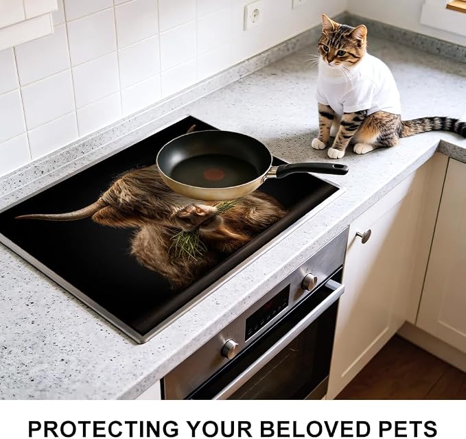 Highland Cow Stove Top Cover, Farmhouse Kitchen, 28x20 in | Photorealistic highland cow close-up on black; non-slip washable mat; protects glass and electric cooktops; 28.4 x 20.5 in
