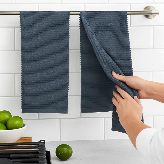 Slate Blue Gray Kitchen Hand Dish Towels, Set of 3, 100% Cotton, 18" x 28" | Terry Loop Ribbed Textured, Soft & Absorbent Cleaning Cloth, Quick Dry, Multipurpose for Everyday Use