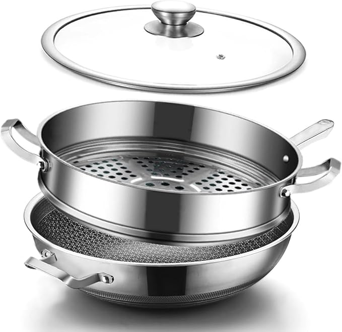 Toutrop 14 Inch Hybrid Stainless Steel Wok with Lid & Steamer Basket,Nonstick Stir Fry Pan, PFOA-Free,Stay-Cool Handle,Works on Induction,Dishwasher & Oven Safe
