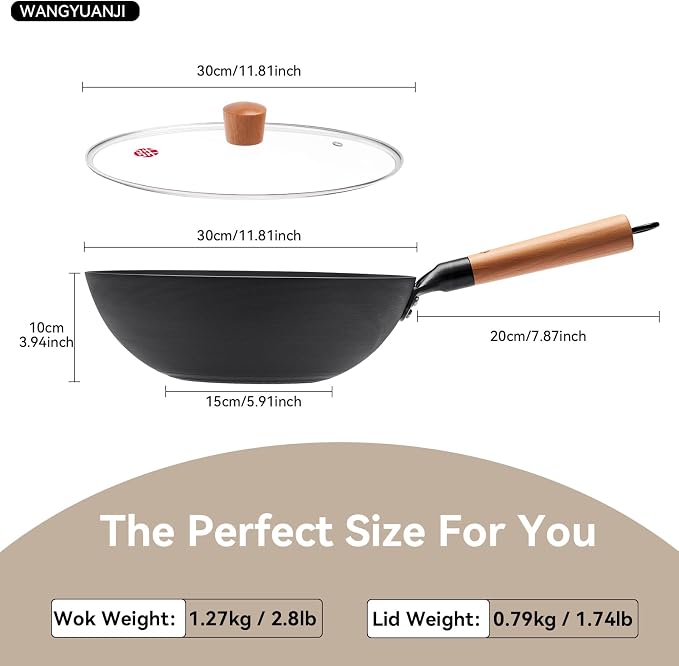 WANGYUANJI 11.8" High Purity Iron Wok Pan,Flat Bottom Stir Fry Pan for Electric,Induction & Gas Stoves,No Chemical Coating Carbon Steel Alternative,Traditional Hand-Hammered Skillet for Cooking