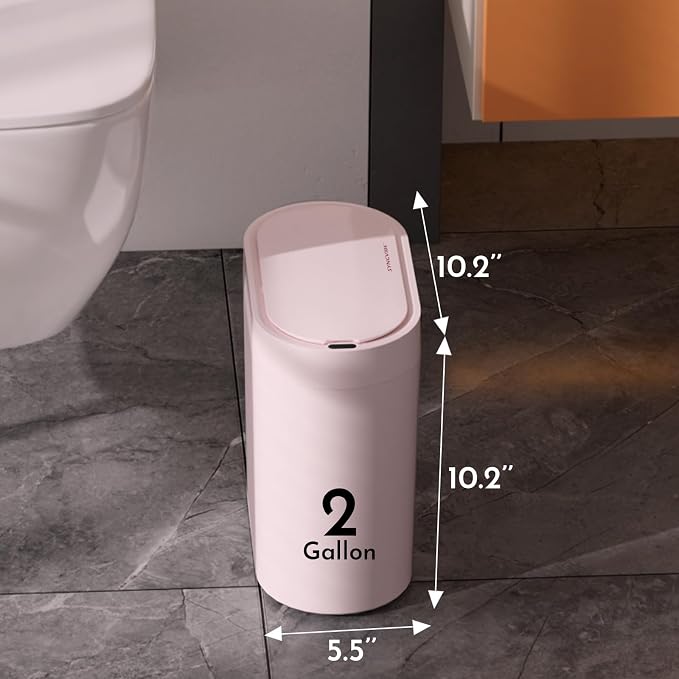 SYNCVIBE Bathroom Trash Can with Lid, 2 Gallon Slim Smart Garbage Can Pink | Motion Sensor Wastebasket, Narrow Automatic Plastic Trash Bin for Bedroom, Living room, Toilet, Office