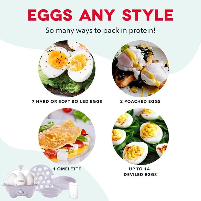 Dash Rapid Egg Cooker, 7 Hard Boiled Eggs, Lavender | Electric Egg Poacher, Boiler, Steamer & Omelette Maker Machine, Soft or Poached Eggs for Breakfast, Auto Shut-Off, BPA-Free