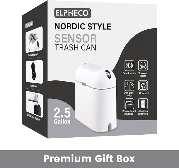 ELPHECO Bathroom Trash Can with lid, 2.5 Gallon, Motion Sensor, White Grey | Waterproof Garbage Can, Automatic Waste Basket, Butterfly Lid, Plastic Garbage Bin for Bedroom and Office