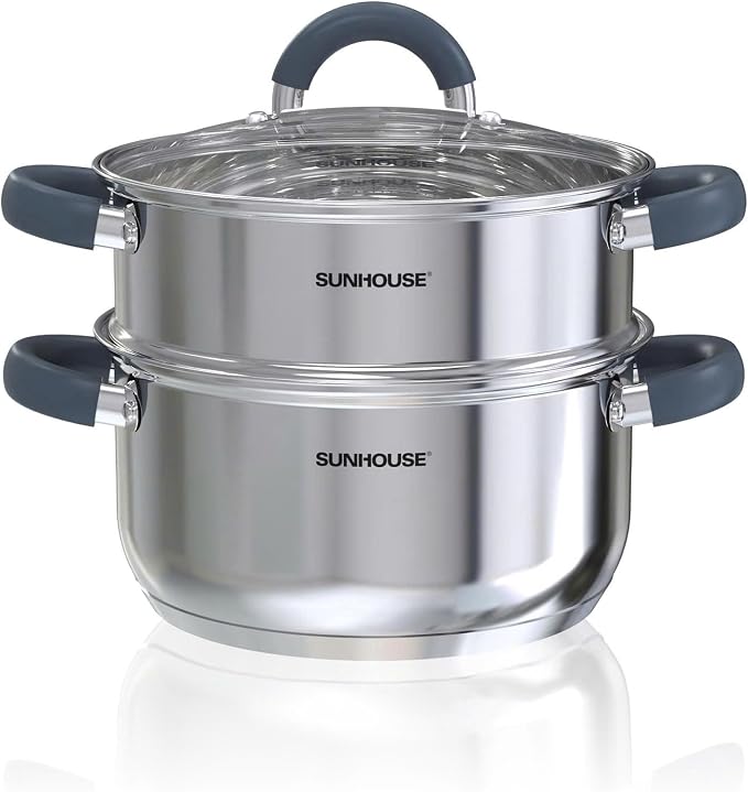 SUNHOUSE 3-Quart Stainless Steel Steamer Pot for Cooking | Steaming Pot with Glass Lid & Steamer Basket - 2 Tier Tri-ply Stovetop Steamer For Vegetable, Veggie - Induction Compatible