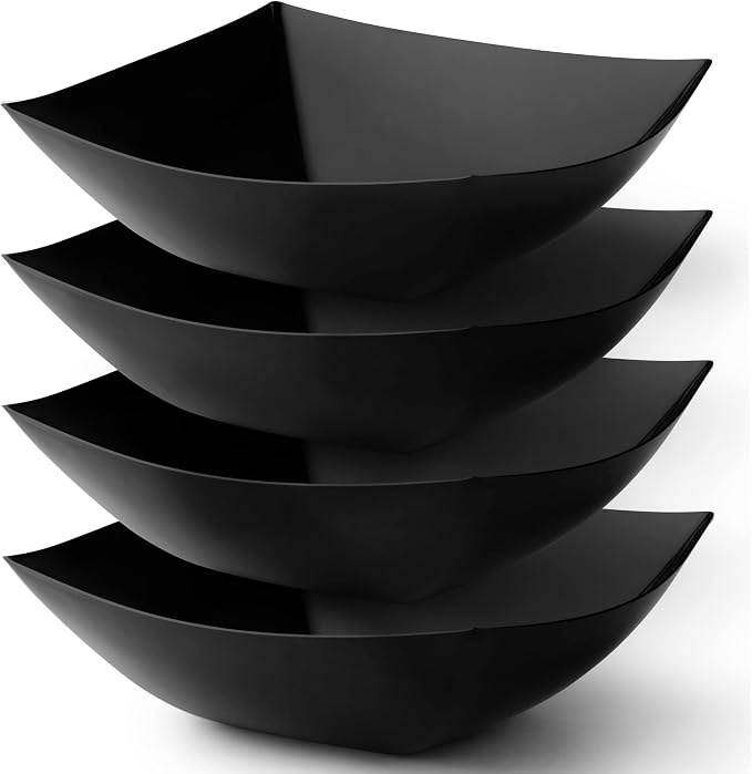 4 Pack Disposable Black Plastic Serving Bowls Square Party Candy Use 64oz | Square Design. Disposable Party Tableware. Salad, Fruit & Candy Use. Candy Buffet Containers. Black Plastic.